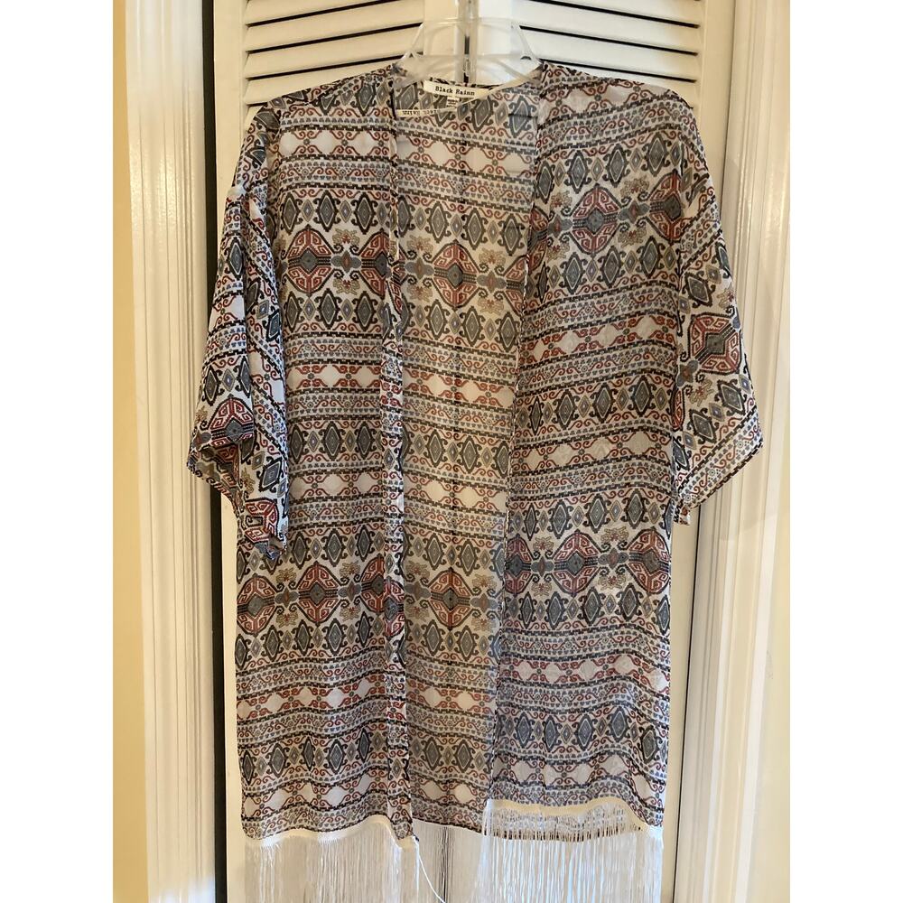 Black Rain Boho Fringe Open Front Kimono Geometric  Sz S (runs large) - Picture 3 of 10